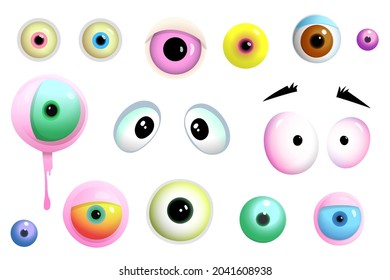 Caricatura de ojos lindos de monstruos y criaturas, diferentes formas y colores. Colección de pegatinas aisladas de diferentes monstruos. Caricatura vectorial para niños.