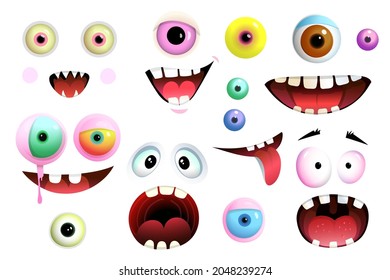 Cartoon Cute Eyes And Mouth Of Monsters And Creatures Collection Different Shapes And Colors. Isolated Different Monsters Eyes And Mouth Stickers. Vector Cartoon For Kids.