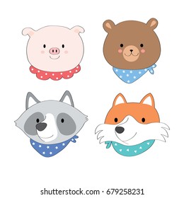 cartoon cute face animals, pig, bear, fox, raccoon vector.