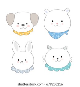 cartoon cute  face animals vector.