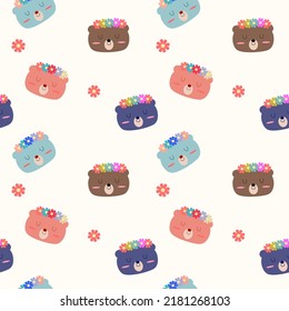 Cartoon so cute face bear flower crown.on flower background.pattern seamless vector and illustration.