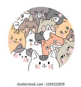 Cartoon cute face cats vector. Doodle circle frame.