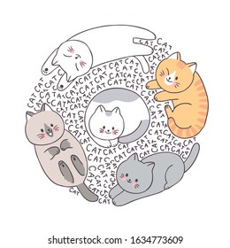 Cartoon cute face cats vector. Doodle circle frame.