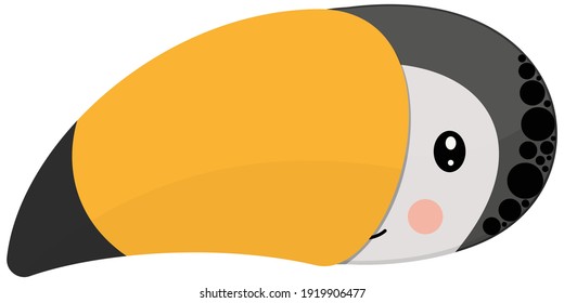 Cartoon cute face of character rainbow toucan with a big yellow beak, smile, and ruddy cheeks. Isolated exotic head of a tropical bird for the badge, symbol, logo. Vector.