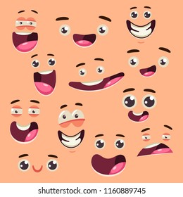 Cartoon cute face collection. Vector set of eyes and mouths with different expressions and emotions isolated on background.