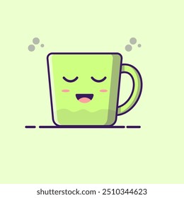 Diseño plano lindo de la taza de la cara de la historieta, taza de té con el icono lindo del vencedor de la cara