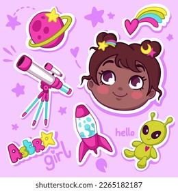 Cartoon cute face of kid girl with astronomy items. Space sticker set of kid's scientific hobby include telescope, rocket lava lamp, alien toy, stars and planets. Colorful flat vector illustration