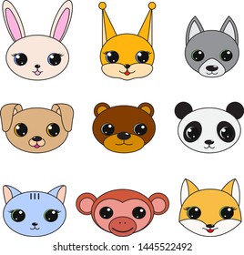 Cartoon cute faces of different animals, isolated.