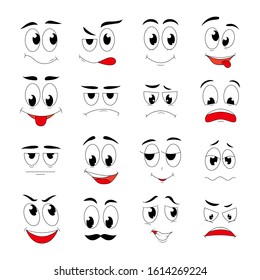 Cartoon cute faces. Funny exhausted sad angry happy expressions. Vector Caricature emotions, face elements with eyes and mouths, modern characters set