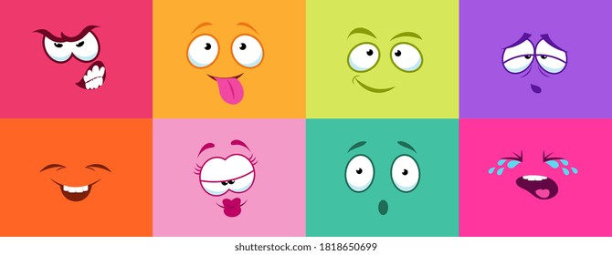 Cartoon cute faces. Monster smile crying angry, colorful cards with smiley. Comic characters for kids vector illustration