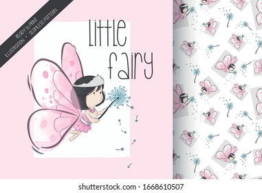 Cartoon cute fairy girl with big wings seamless pattern