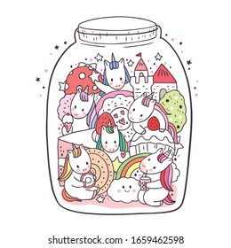 Cartoon cute fairy, Unicorn and sweet doodle in glass bottle vector.