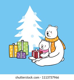 Cartoon cute family polar bear and Christmas tree and many gifts vector.