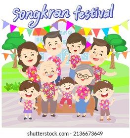 Cartoon cute family in Songkran Festival.