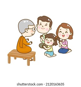 Cartoon Cute Family and Thai Monk Character .