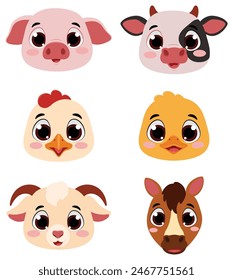 Caricatura linda granja animales caras, conjunto de colección