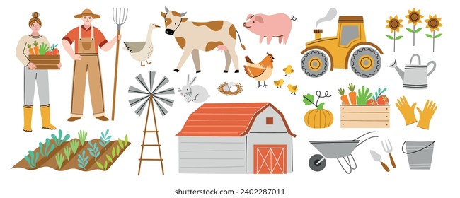 Cartoon cute farm elements. Funny farmers couple hold pitchfork and vegetables box, domestic animals and birds, village objects, vector set.eps
