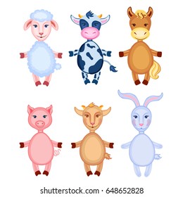 Cartoon cute farmer animals, domestic cow, pig, rabbit, horse, lamb, goat isolated on white background, colorful vector illustration, Character design for greeting card, children invitation, education