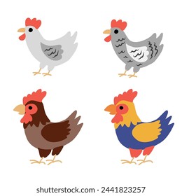 Cartoon cute farmer animals, vector rooster, chick, chicken isolated on white background, domestic funny birds set, Character design for greeting card, children invite, creation of zoo alphabet