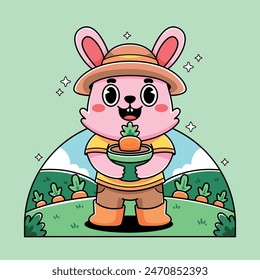 Cartoon cute farmer bunny with carrots 