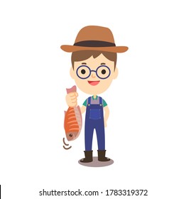 Cartoon cute  farmer have fish vector