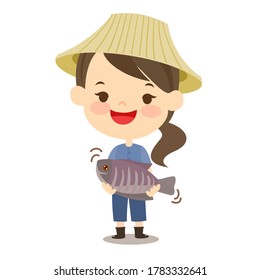 Cartoon cute  farmer have fish vector