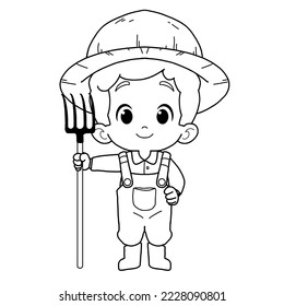 Cartoon cute farmer holding a rake, decorative line drawing.coloring page vector illustration