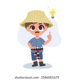 cartoon cute farmer man with light bulb new idea creativity on farm life