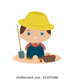 Cartoon cute farmer with shovel