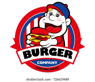 Cartoon cute Fat boy serving a big burger with signboard. Burger delivery service - vector 