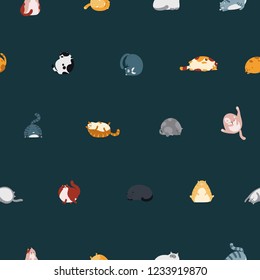 Cartoon Cute fat cats of different breeds in different poses. Vector seamless pattern on dark background