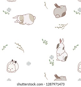 Cartoon Cute fat Easter bunnies of different breeds in different poses. With flowers, greens and pussywillow. Vector seamless pattern on white background