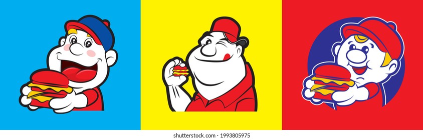 Cartoon cute fatty boy holding big burger character set