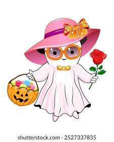 Cartoon cute female ghost with a big hat on her head and glasses, holding a pumpkin and red rose. Halloween character, on a white background.