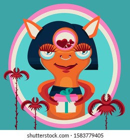 Cartoon Cute Female Monster holding a gift box Vector Illustration On A White Background. Cyclop Monster Girl. Angry Mascot. Vector For Poster, Or Print On Clothes.
