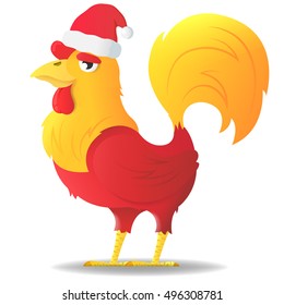 Cartoon cute fire red cock in santa's hat. Symbol of the Chinese new year fire rooster.