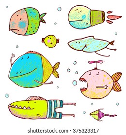 Cartoon Cute Fish Drawing Collection. Funny humor cartoon hand drawn brightly colored fish set. Pencil style. EPS10 vector has no background color.