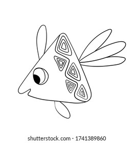 Cartoon cute fish. Hand drawing outline colouring pictures. Isolated items. Suitable for children's coloring and prints. Adorable character for card, kindergarten. Stock vector illustration.
