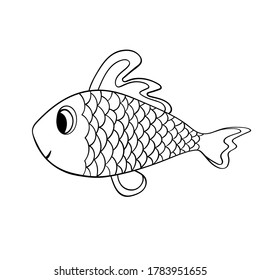 Cartoon cute fish. Hand drawing outline colouring pictures. Isolated items. Suitable for children's coloring and prints. Adorable character for card, kindergarten. Vector illustration.