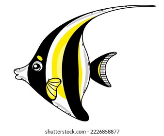 Cartoon cute fish. The Moorish idol. Zanclus cornutus. Isolated vector illustration of marine creature on white background.