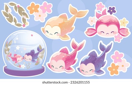 Caricatura adorable pegatina de pescado para niños
Diseñar icono del conjunto de peces Kawaii, personaje animal subacuático