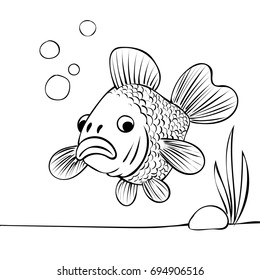 Cartoon of cute fish. underwater world with water plants and bubbles. outline drawing