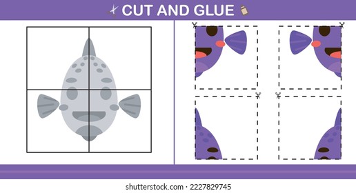 cartoon cute fish.education paper game for kindergarten and preschool.cut and glue game