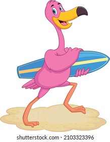 cartoon cute flamingo carrying surfboard