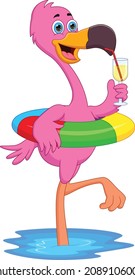 cartoon cute flamingo drinking and with inflatable swimming ring