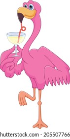 cartoon cute flamingo drinking on white background