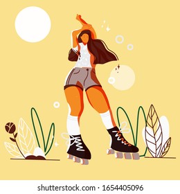 Cartoon cute flat girl big size roller skating. Enjoy active life. Vector illustration