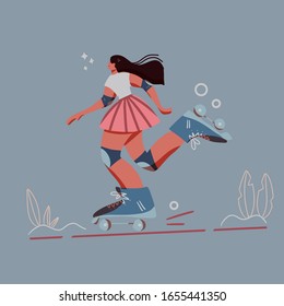 Cartoon cute flat girl big size roller skating. Enjoy active life. Vector illustration