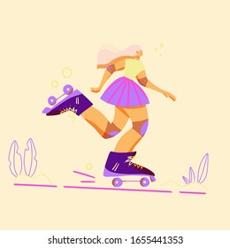 Cartoon cute flat girl big size roller skating. Enjoy active life. Vector illustration