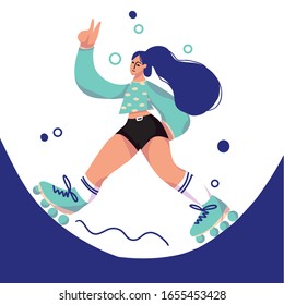 Cartoon cute flat girl big size roller skating. Enjoy active life. Vector illustration